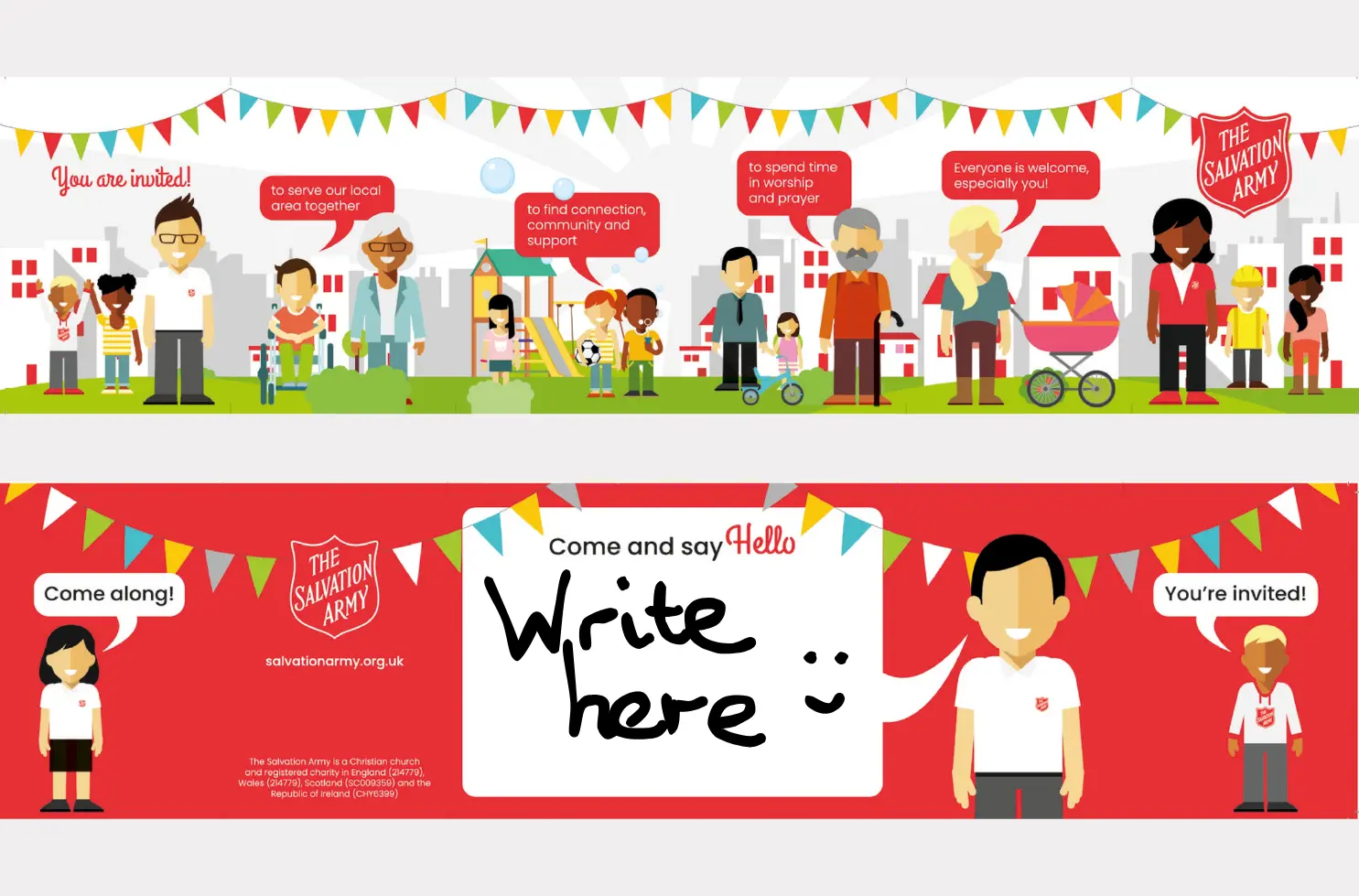 a colourful Salvation Army invitation, with colourful bunting and cartoon characters