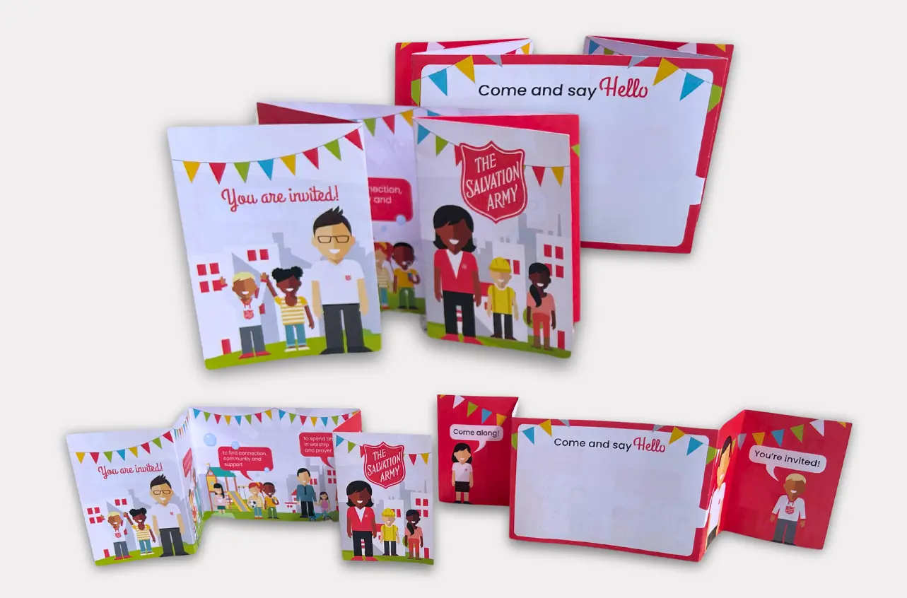 a fold-out leaflet featuring cartoon characters and colourful bunting, presented on a grey background