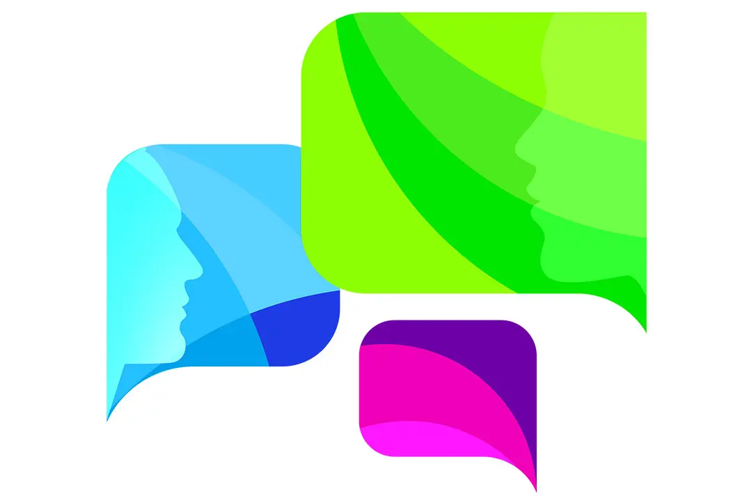 A digital illustration of speech bubbles and people talking
