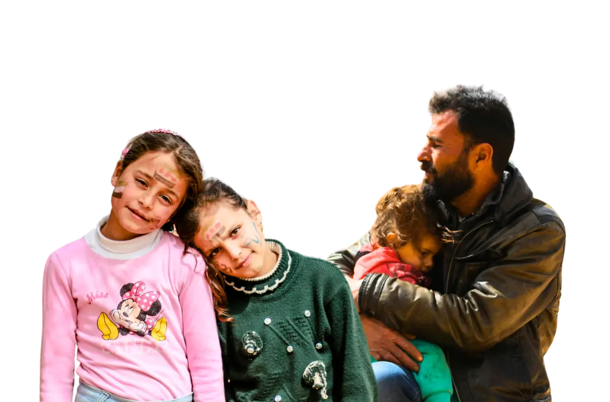 a photo of two girls in front of a man holding his young daughter