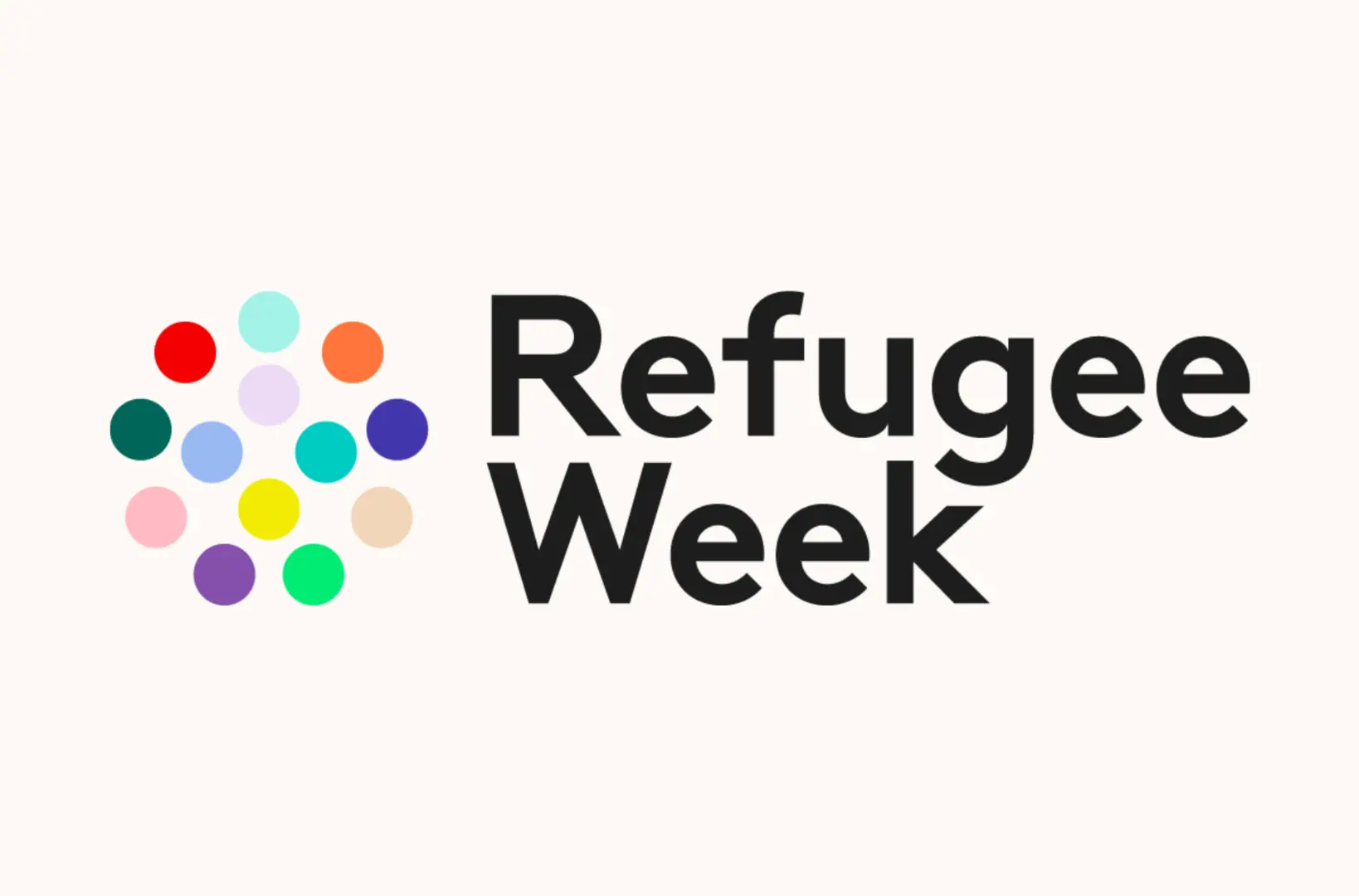 the words 'Refugee Week' next to a circle made up of many colourful dots, on a light background