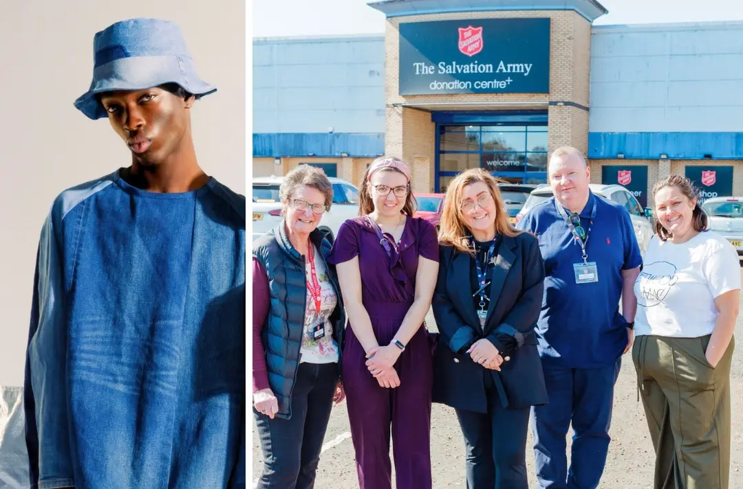 Two photos show a person posing in up-cycled denim clothing and a group standing outside a SATCoL Donation Centre.