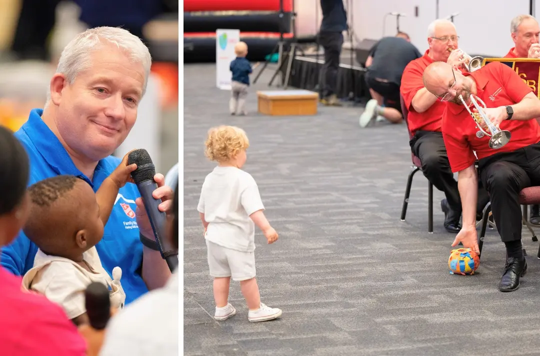 Two photos show children interacting with adults at Together 2024.