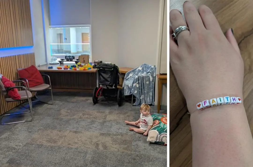 A photo of a baby in a room with cushions and fidgets toys, and a photo of a wrist with a homemade bracelet saying with beads spelling 'faith'
