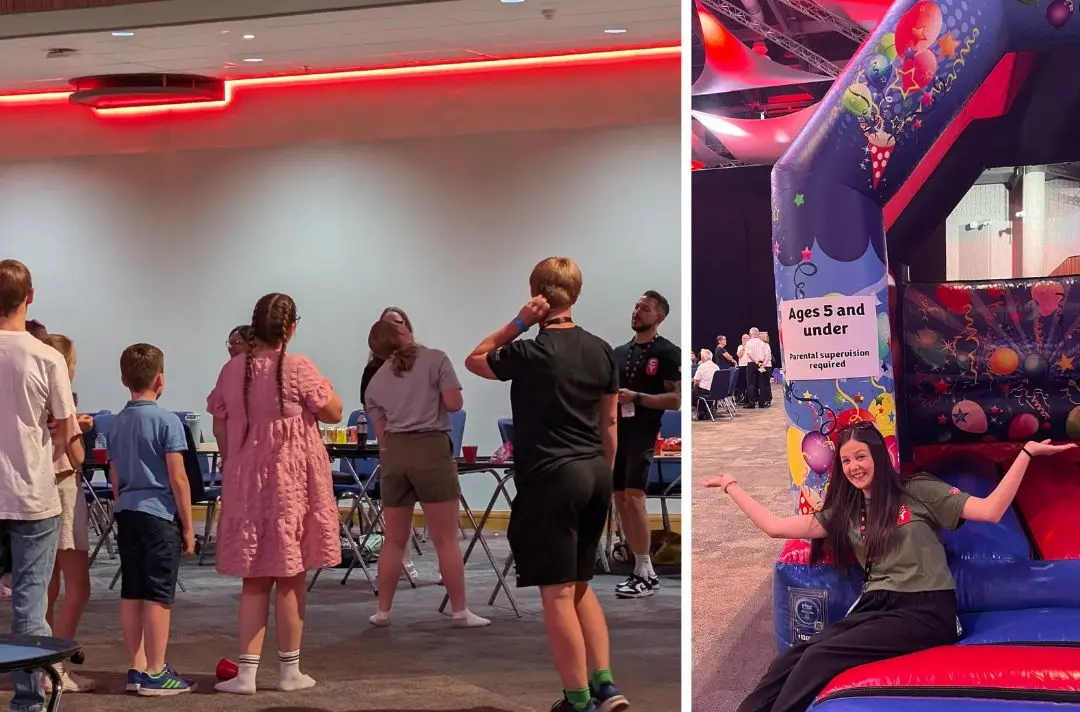 Two photos: one of a group of teenagers and another of a bouncy castle