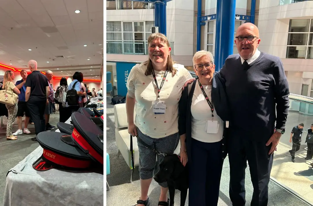 Two photos: One of Salvation Army hats in the SP&S Together 2025 shop and another of the prayer team