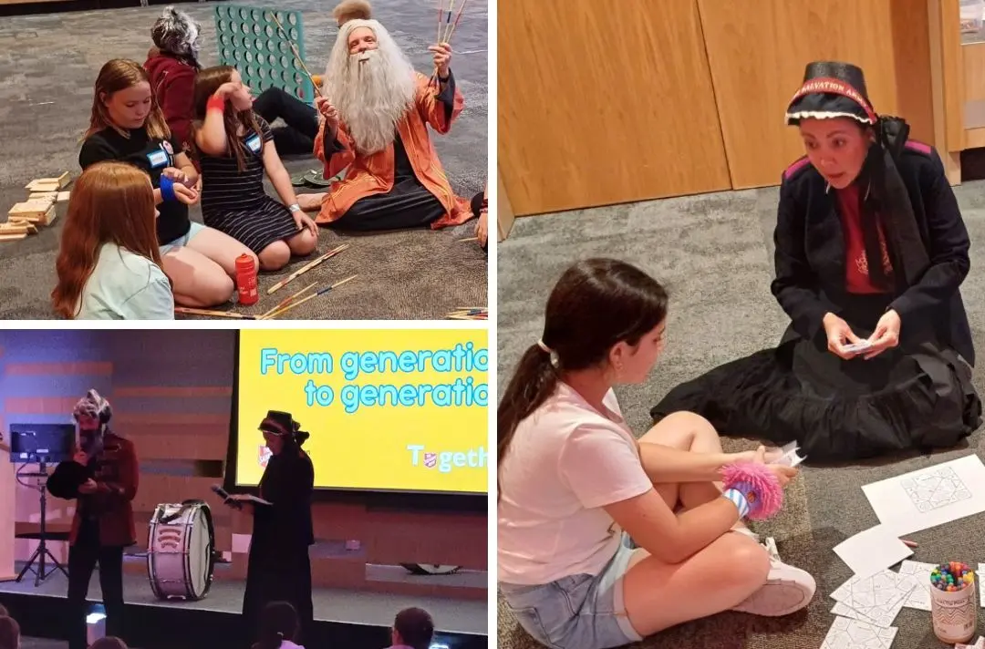 A collage of photos from the children's session at Together 2025, featuring people dressed up in Bible and Salvation Army costumes