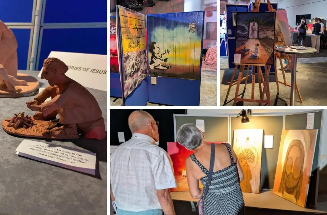 A collage of photos from the Together 2025 art gallery: a pottery scene, art on easels and people looking at items in the gallery