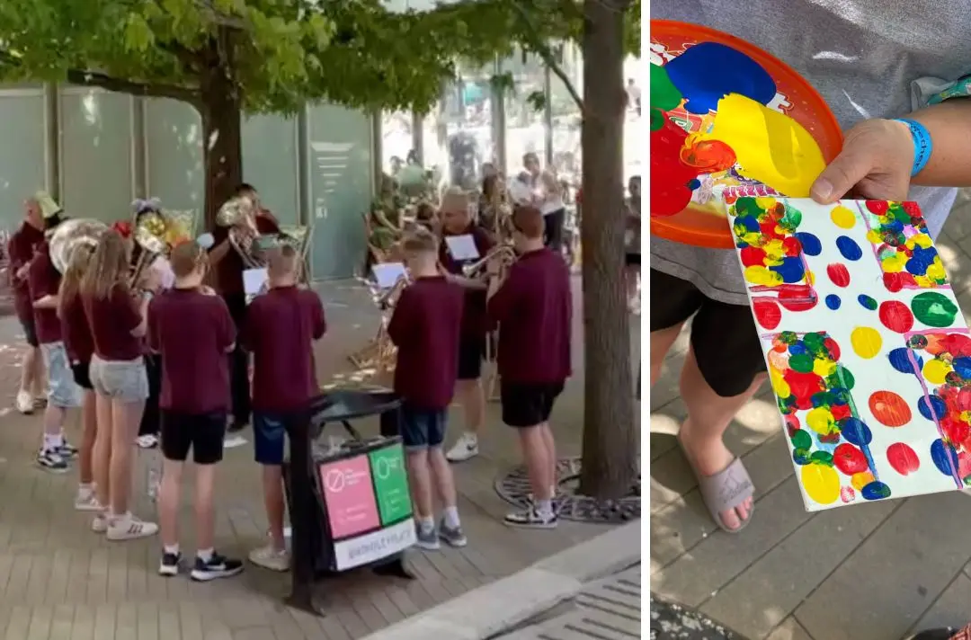 A collage of two photos: One of young people playing brass music under trees and another of a finger painting picture of a cross