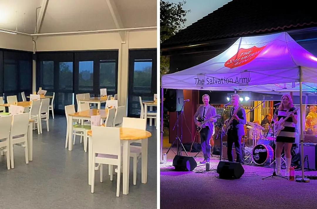 Two photos show the Hadleigh Tearoom and an evening music event.