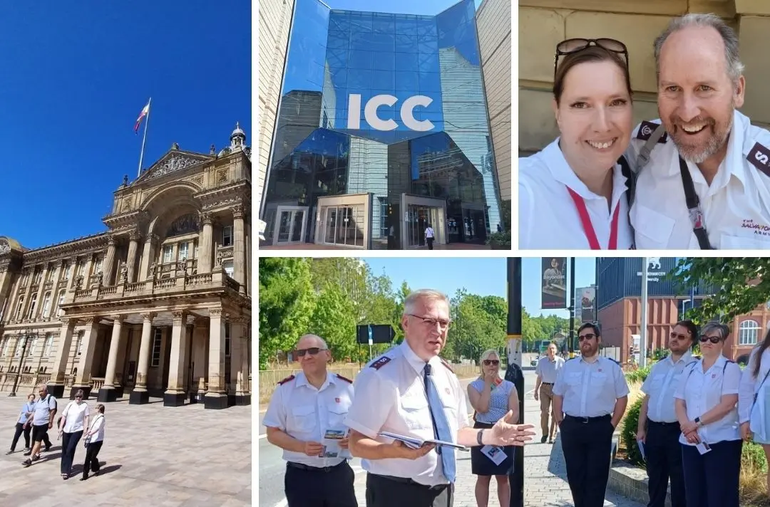A collage of photos of the Together 225 prayer walk around Birmingham City centre, with Salvationists praying, many in uniform, outside key landmarks