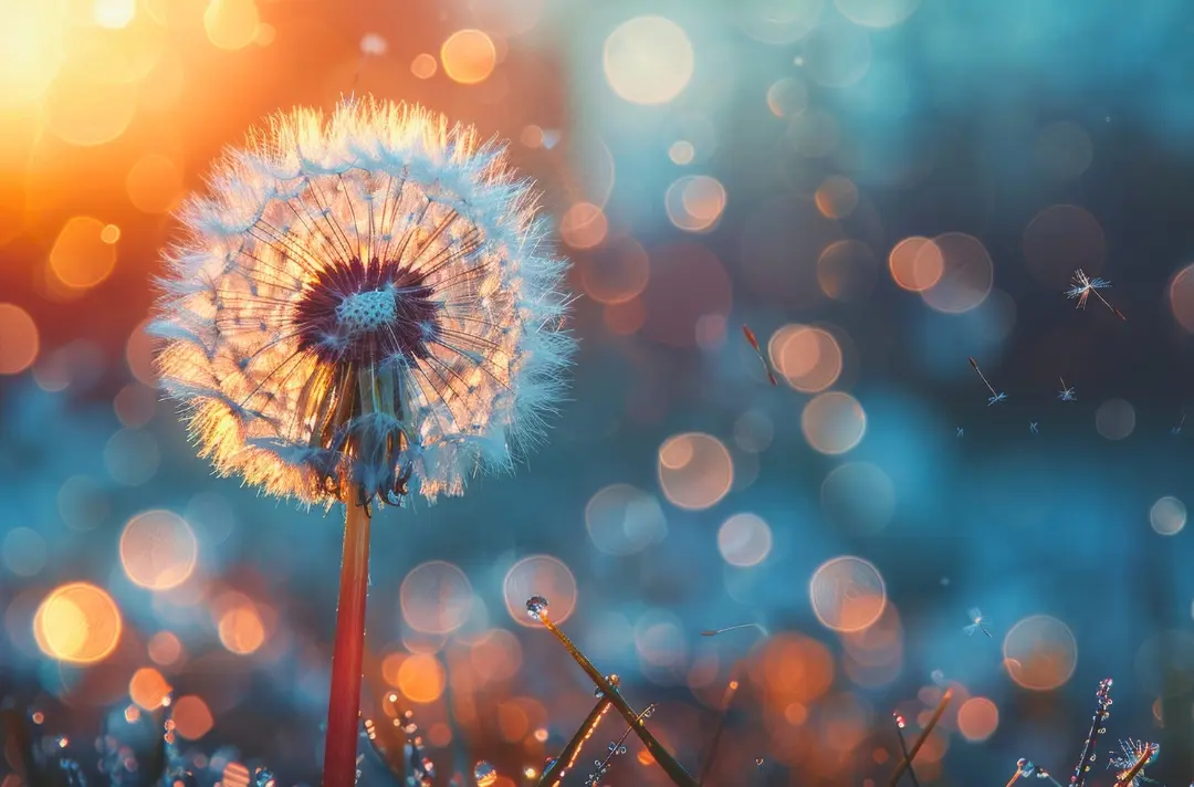 A photo shows a close-up image of a dandelion with light flaring in the background.