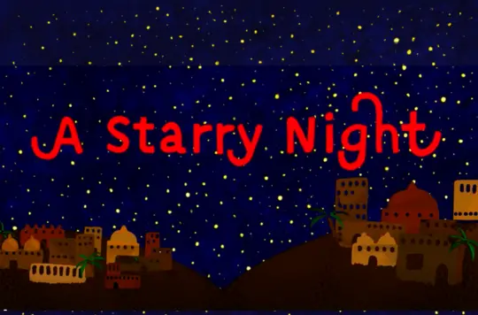 blue starry background with town in the foreground