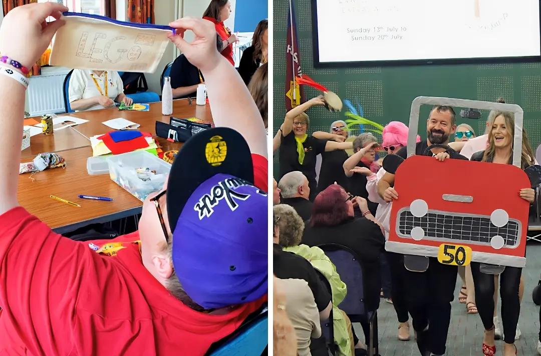 Two photos show scenes from the Enabled Summer Extravaganza 2025. The first depicts someone engaged in crafting. The second shows people reenacting the final scene from the movie Grease.
