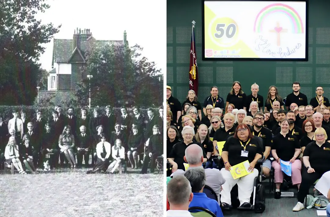 A photo split into two halves shows Enabled members from 1975 and 2025.