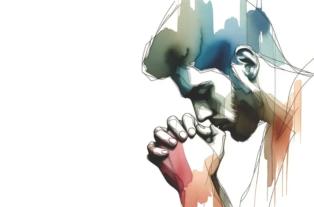 Drawing of a man with eyes closed and hands together in prayer.