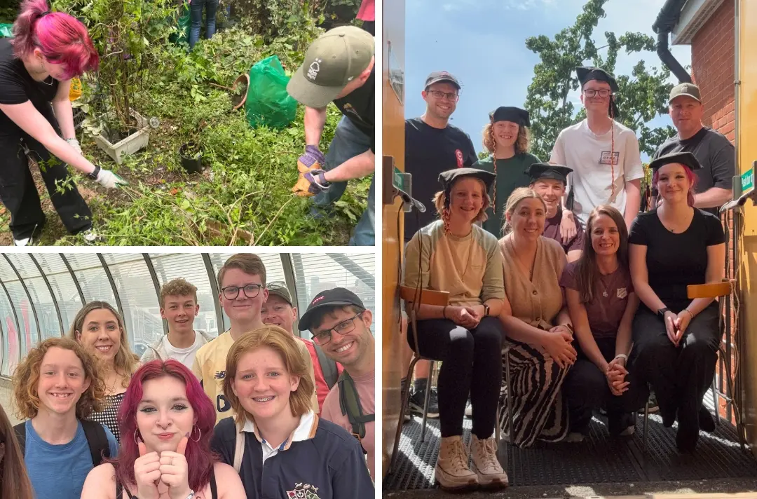 Three photos show the Transformers group posing and doing activities.