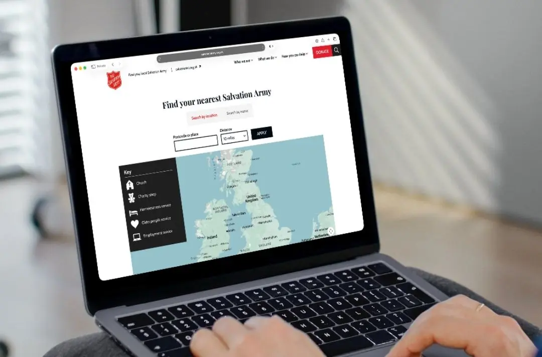 A photo of a map titled 'Find your nearest Salvation Army' on The Salvation Army website