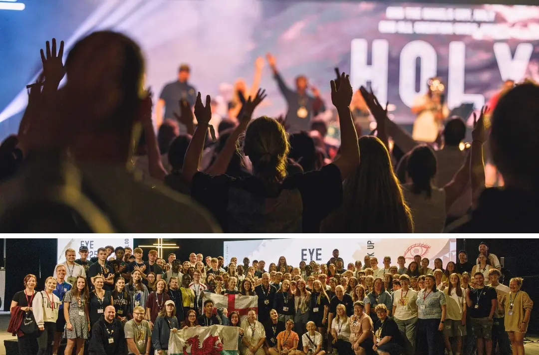 Two photos show the European Youth Event 2025. The first shows a worship session, the second shows the delegates from the UK and Ireland Territory.