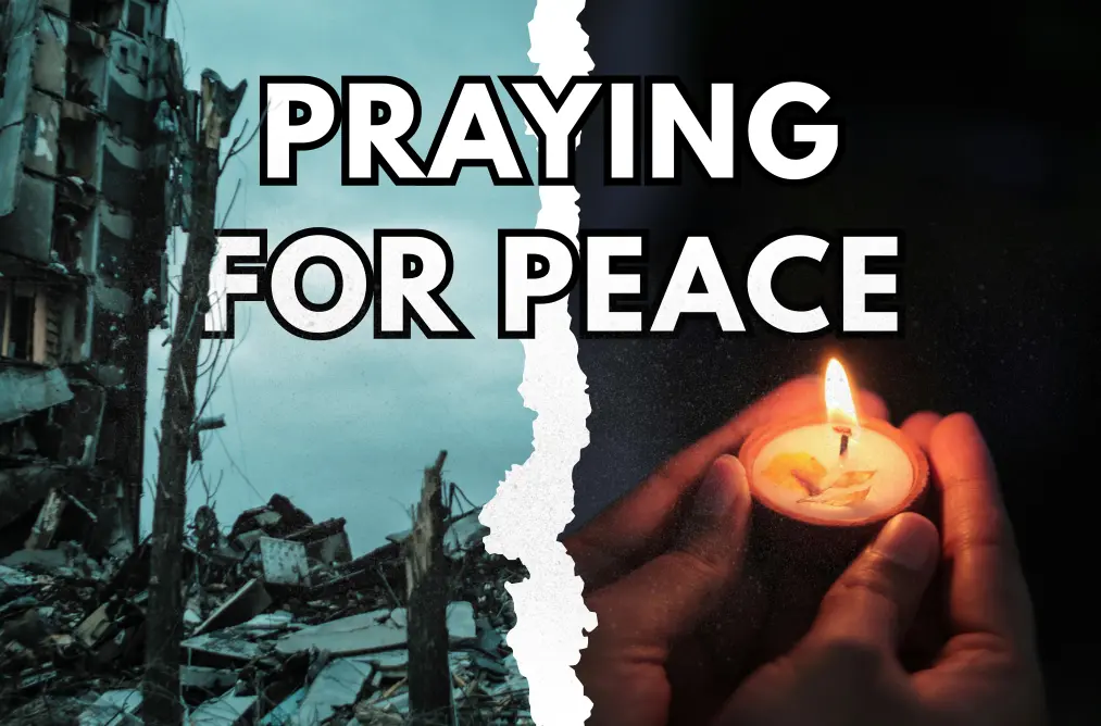 a bombed building next to a closeup of someone holding a lit candle, separated by a torn paper effect