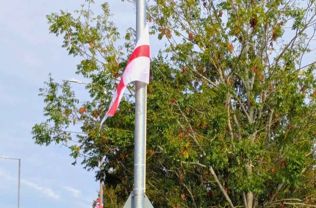 A photo shows a flag stuck to a lamp post.