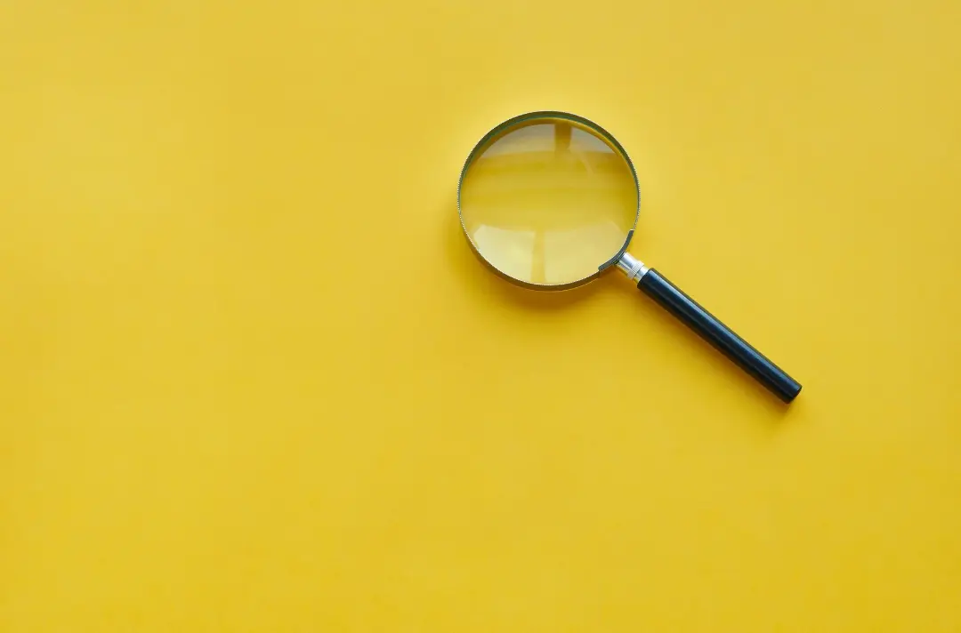 A photo shows a magnifying glass against a yellow background.
