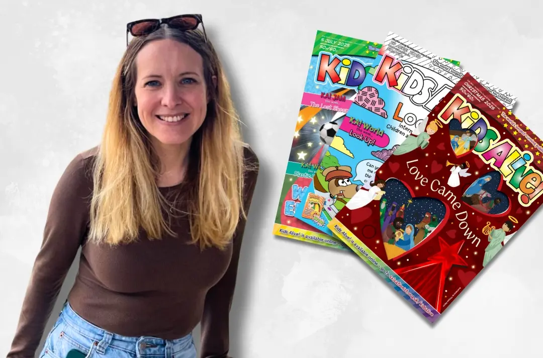 `A photo shows Cara Mott. Alongside Cara are three Kids Alive! cover pages.