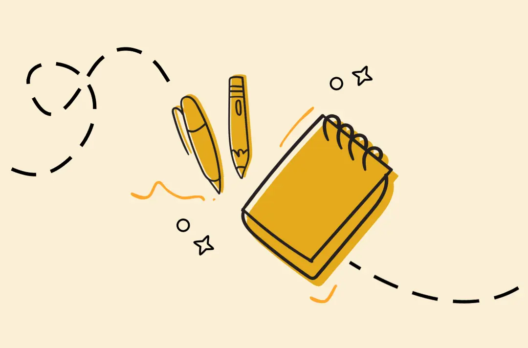 Yellow background with note pad and pen icon