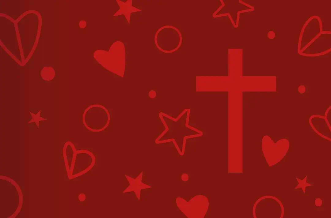 An image with Christmas icons and a cross icon on a dark red background