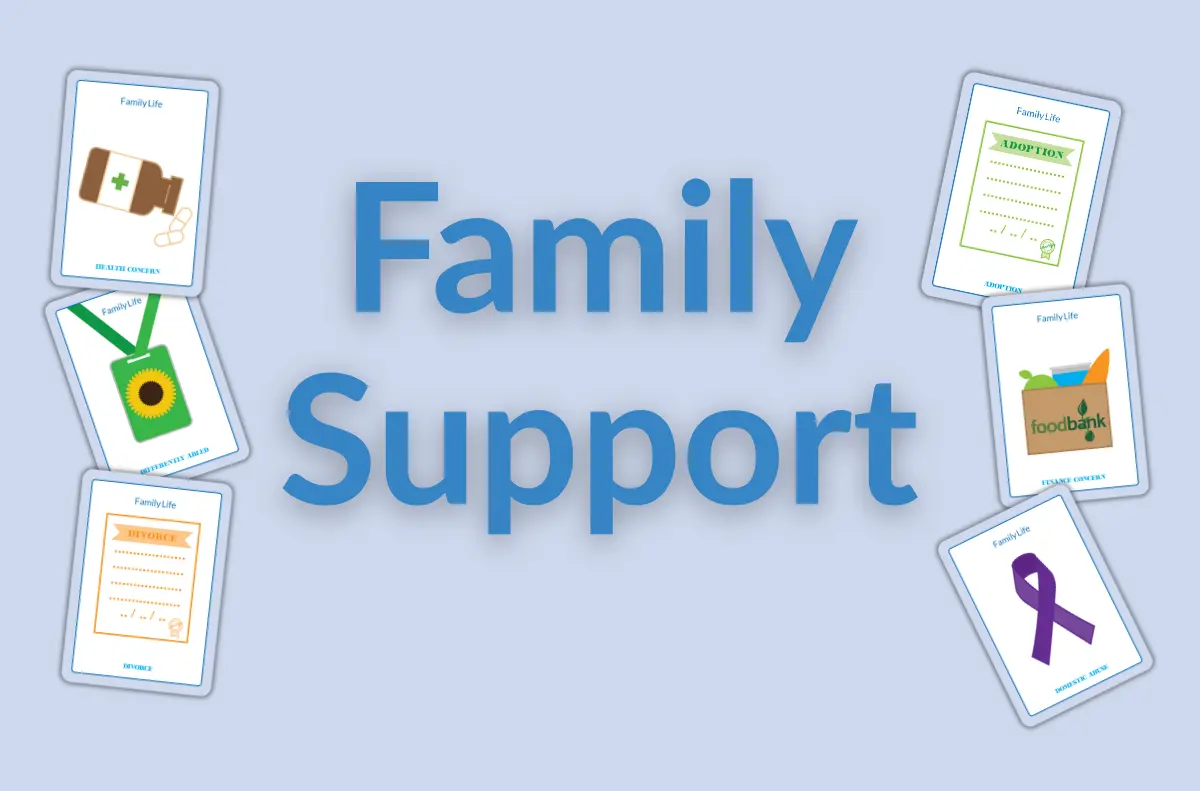 Blue background with card graphics