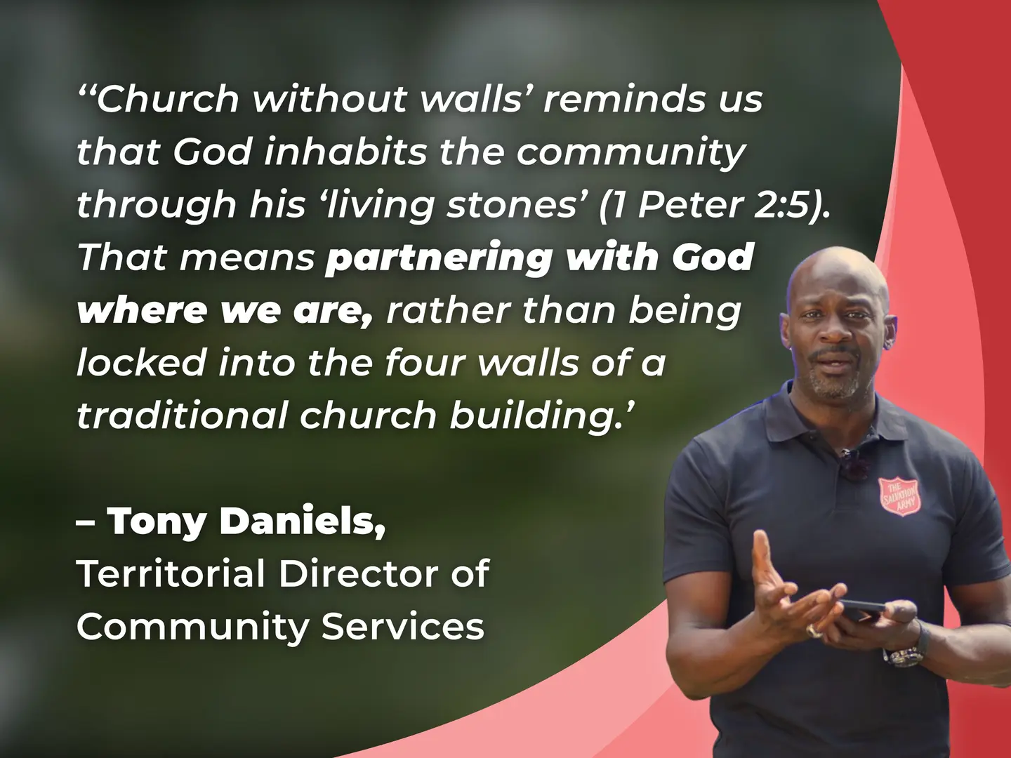 a man standing outside, with white text displaying a quote