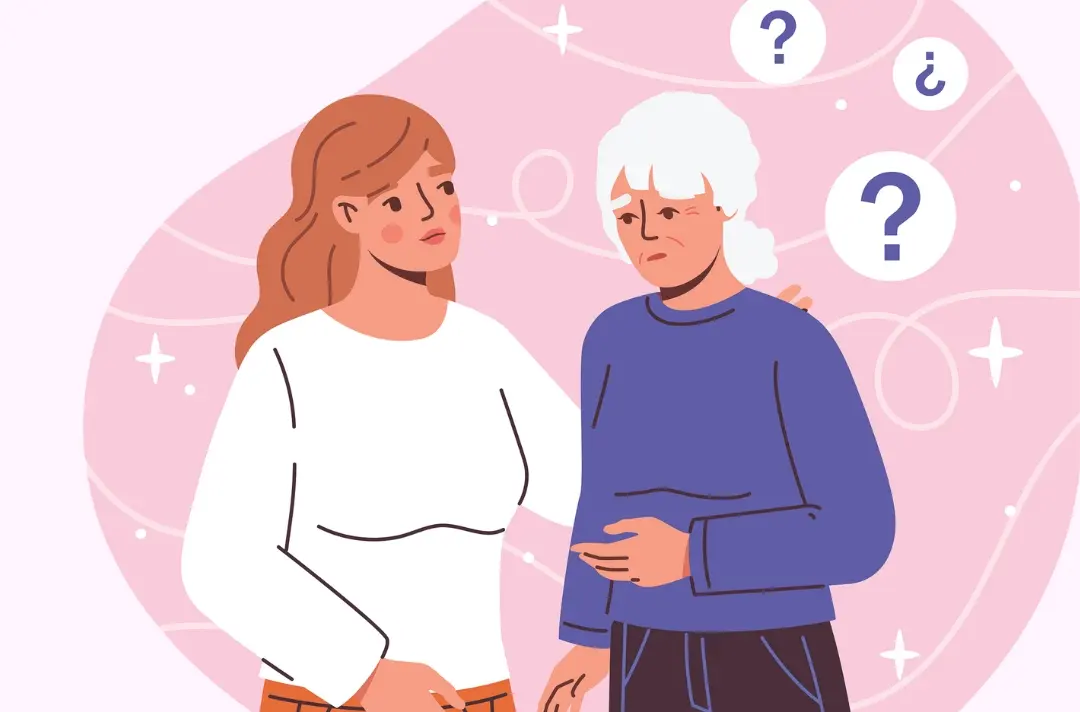 An illustration shows a younger person talking to an older person who appears confused.