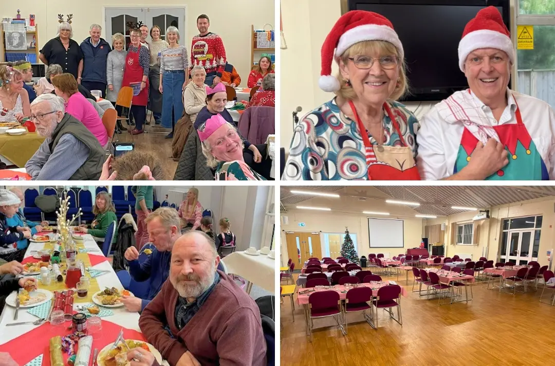 Four photos show scenes from community Christmas meals in The Salvation Army.