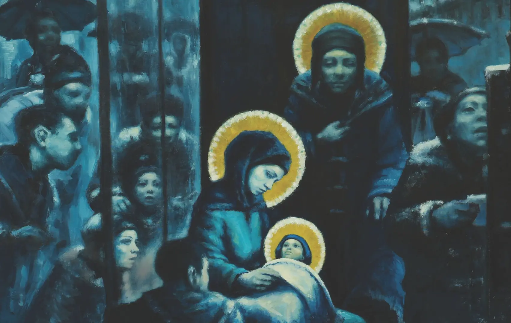 Andrew Gadd's painting depicting Mary, Joseph and baby Jesus sitting at a bus stop while people stop and stare.
