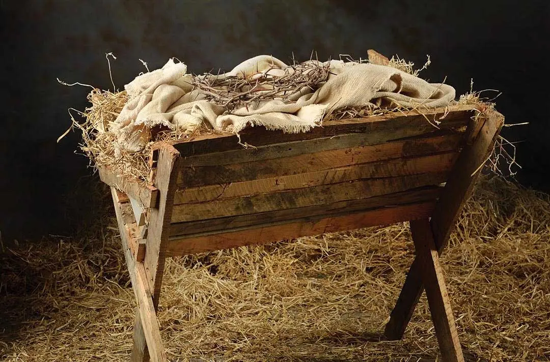 A manger in a dark barn filled with hay and a crown of thorns.