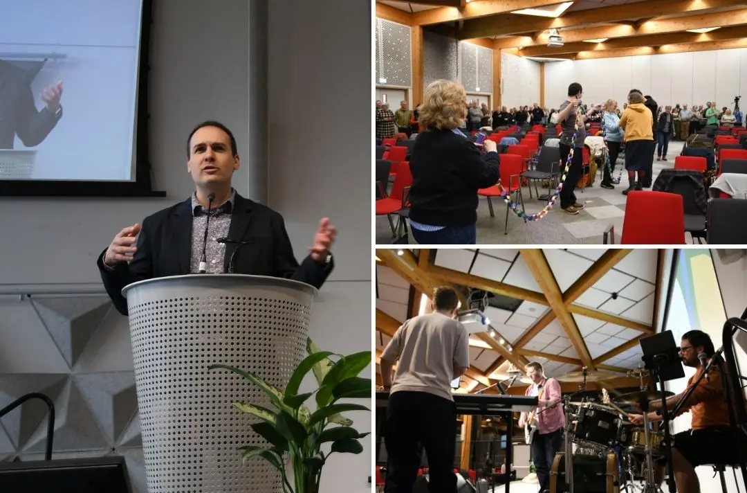 Dave Csinos talks at a podium, members of a congregation make paper chains, and a worship band lead congregational music