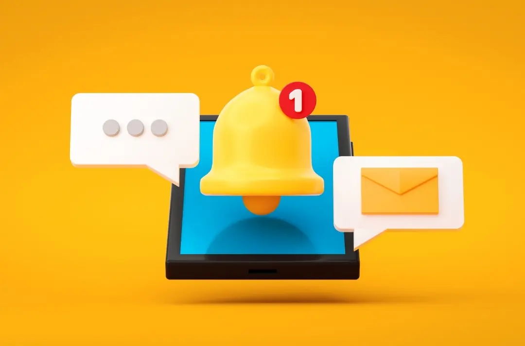 A graphic shows a notification symbol coming out of a phone.