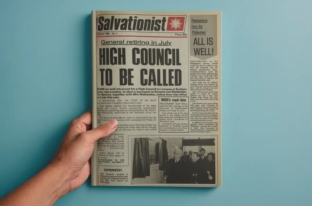 A photo shows someone holding the first issue of Salvationist.