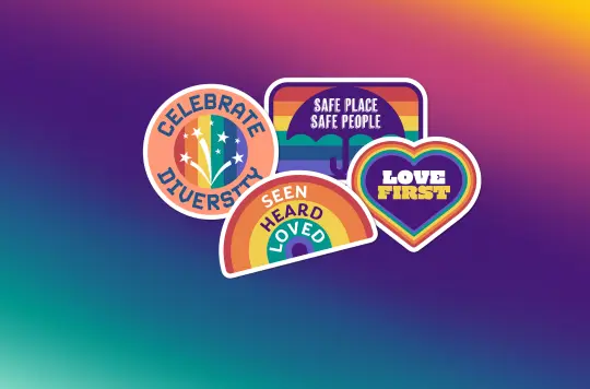 multi-coloured background with sticker design