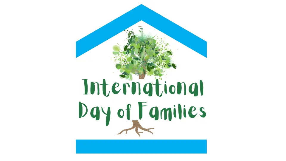 blue house with tree inside and text 'International day of families'