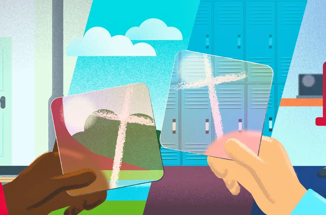 An illustration shows two people looking through objects that highlight a cross each.