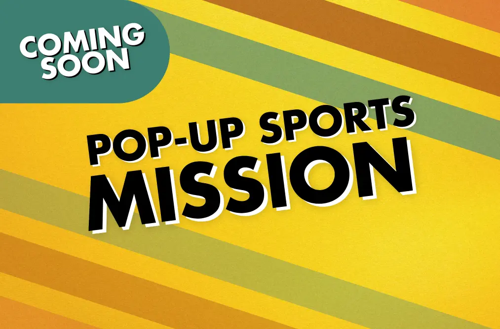the words 'pop-up sports mission' in black text on a yellow background, with racing stripes
