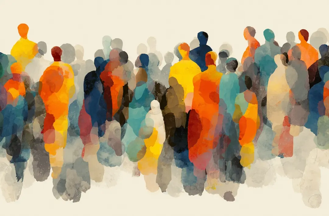 An image displaying a multitude of people in a painted style
