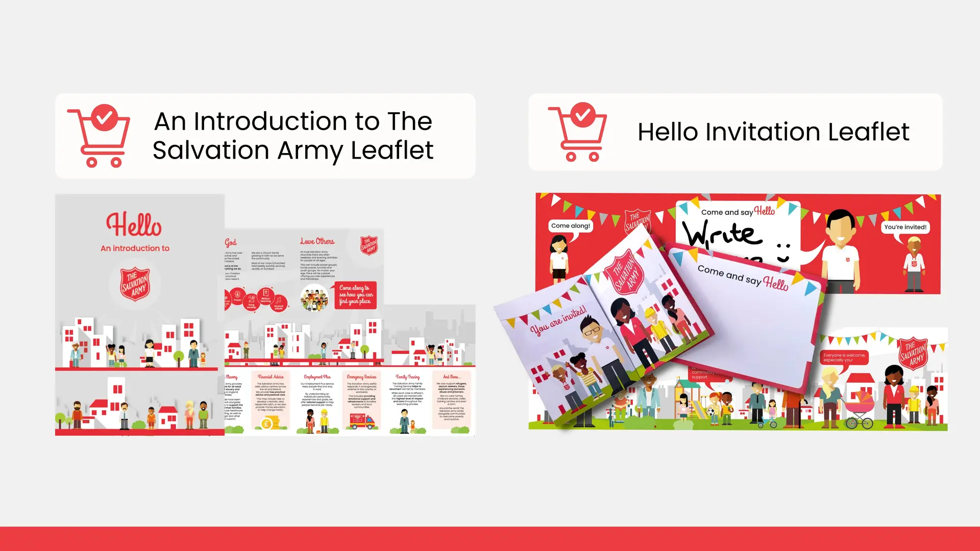Image of two leaflets 'An introduction to The Salvation Army' and 'Hello invitation leaflets'.