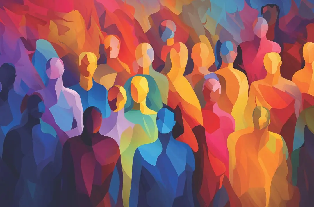 A painting depicting dozens of human forms in bright red, purple, yellow, blue and orange colours.