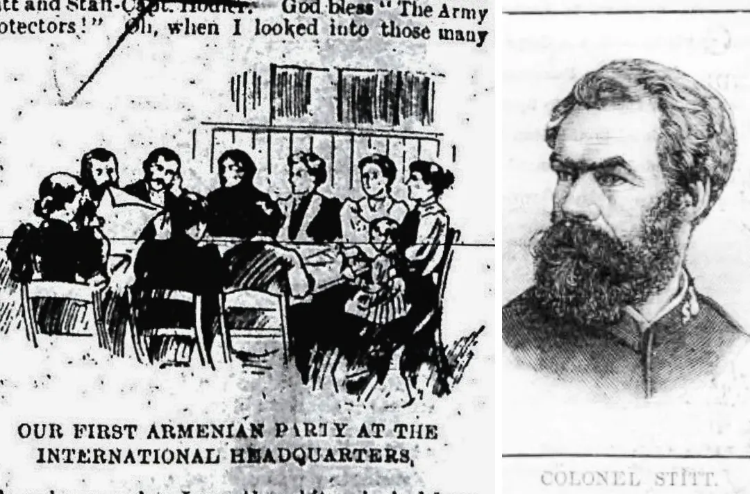 Two photos show an image from an 1896 issue of the War Cry and a rendering of Colonel Stitt. Under the War Cry image, text reads: Our first Armenian part at the International Headquarters.