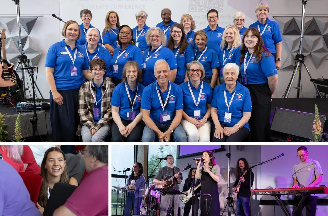 A photo of the Riverbank event team sitting down as a group alongside a photo of an attendee smiling in conversation and a photo of the worship group