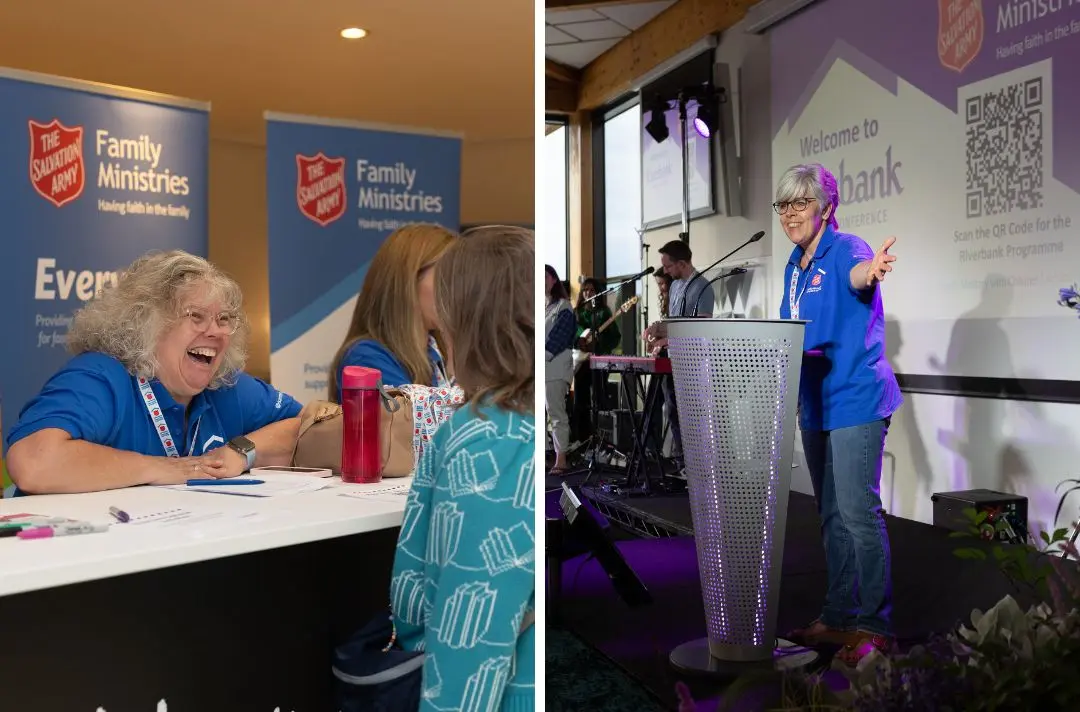 A photo of the welcome desk at Riverbank 2026 alongside a photo of Liz Hall addressing the conference
