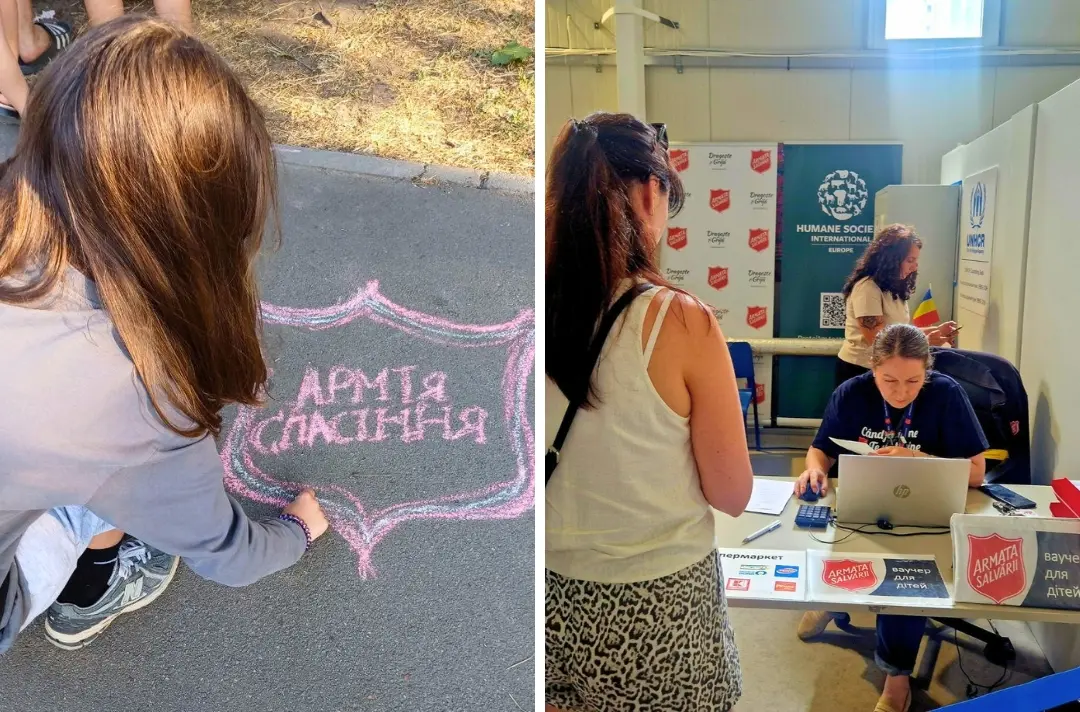 Two photos show scenes of supporting Ukrainian refugees in Romania.
