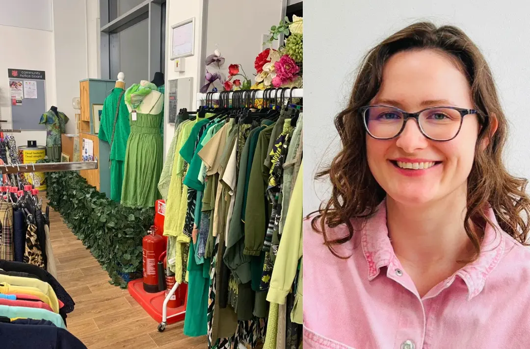 Two photos show a SATCoL charity shop and Nicole Morarescu.